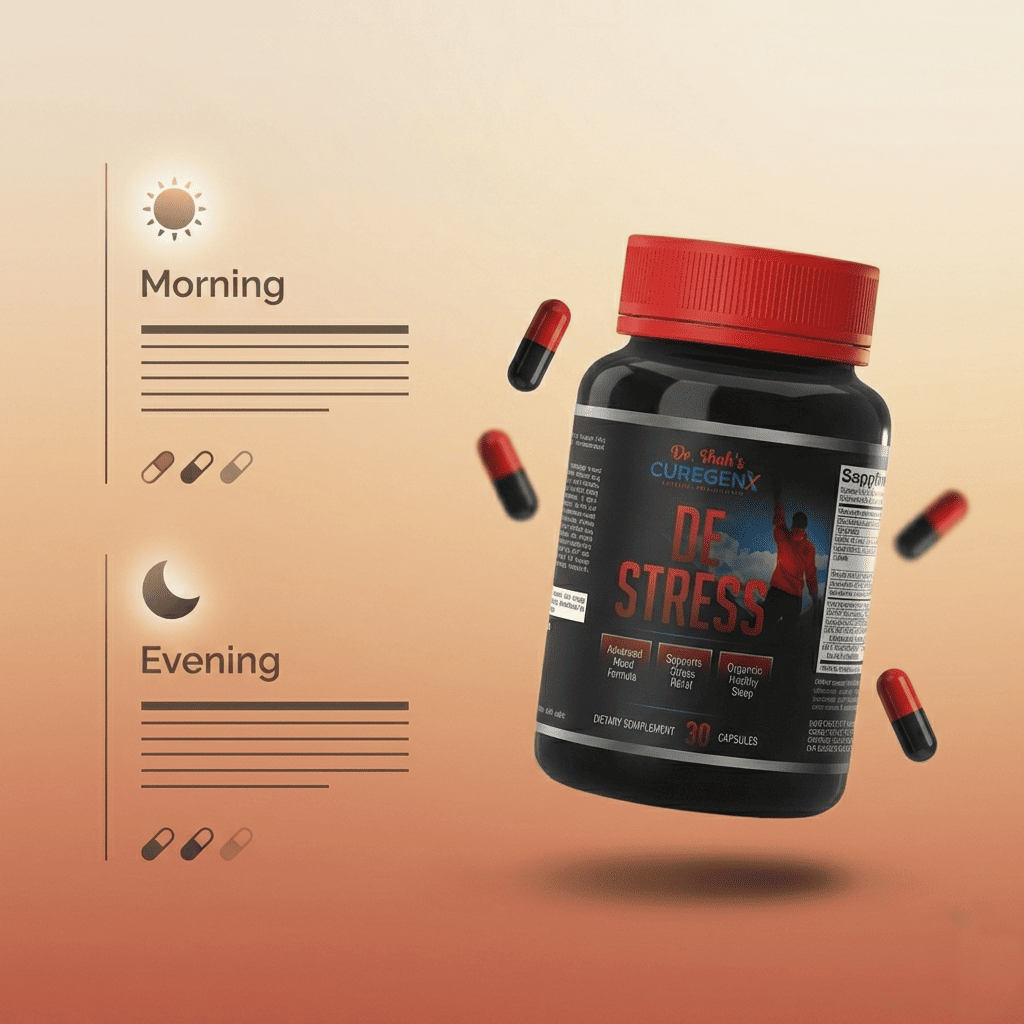 De Stress dietary supplement bottle with capsules showing morning and evening intake timing.