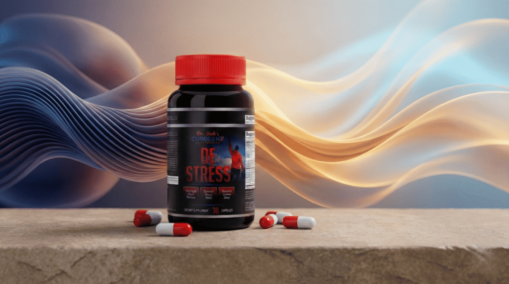 De Stress dietary supplement bottle with capsules, symbolizing calm, stress relief, and emotional balance.