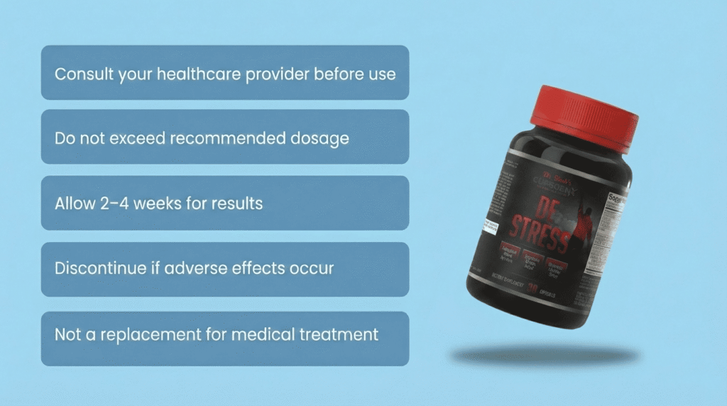 De Stress stress relief supplement showing safety instructions, dosage warnings, and medical disclaimer.