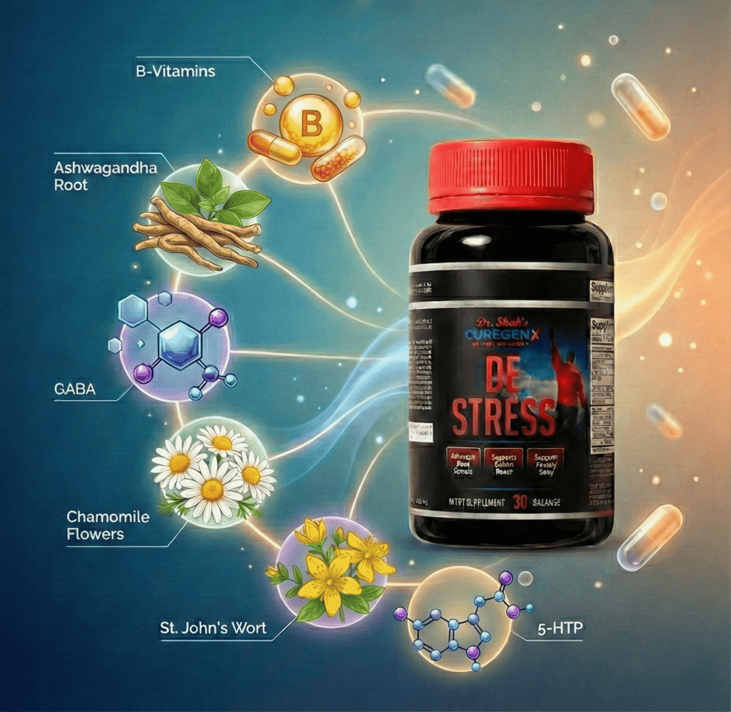 De Stress supplement bottle showing key stress-relief ingredients like ashwagandha, B-vitamins, GABA, chamomile, St. John’s wort, and 5-HTP.