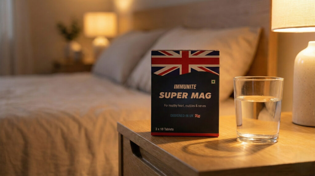 Immunite Super Mag magnesium supplement box with a glass of water on bedside table, showing proper daily dosage before sleep.
