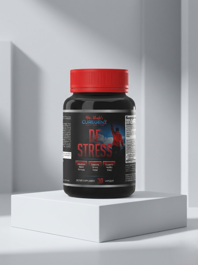 De Stress dietary supplement bottle by Red Ribosome displayed on a minimalist white pedestal