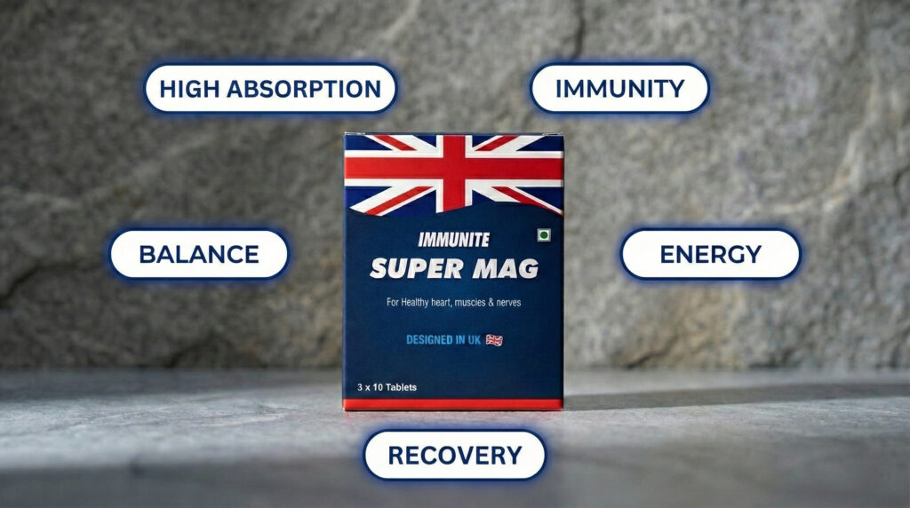 Immunite Super Mag magnesium supplement highlighting benefits for immunity, energy, balance, recovery, and high absorption.