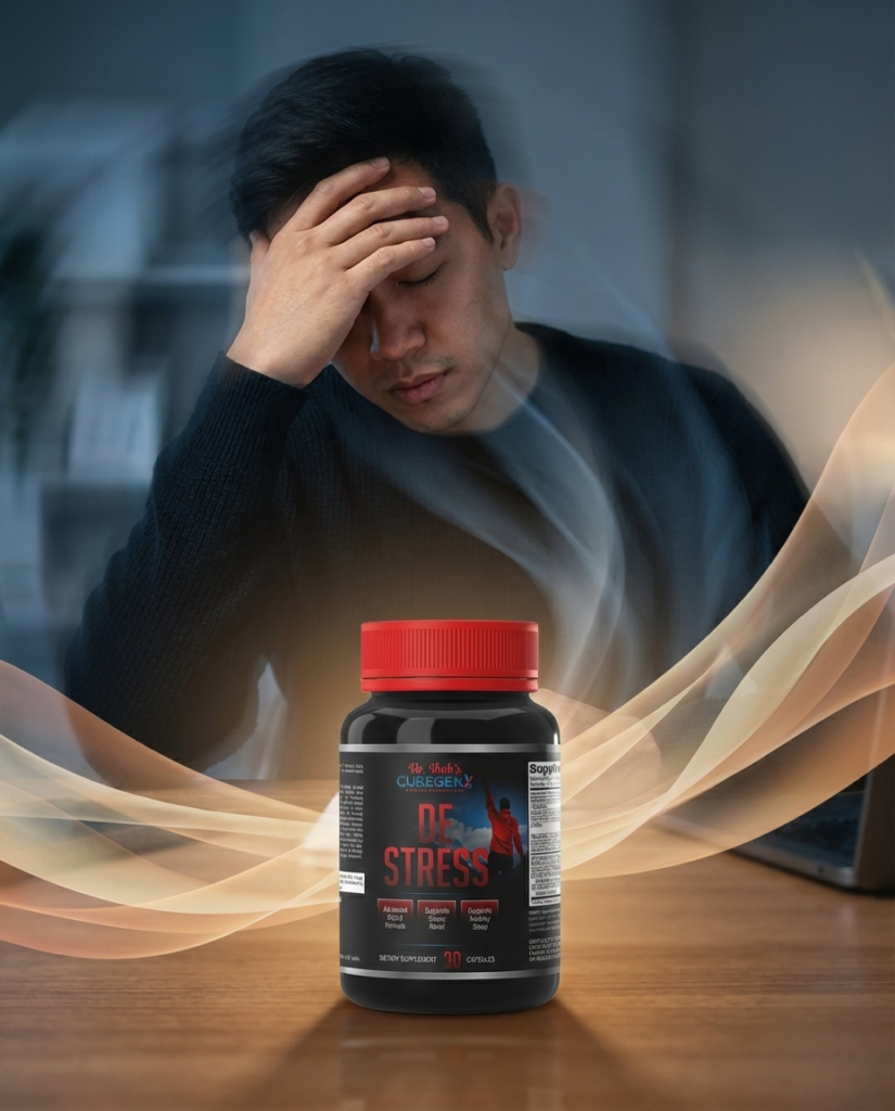 Man experiencing mental stress with De Stress dietary supplement bottle shown as support for stress management.
