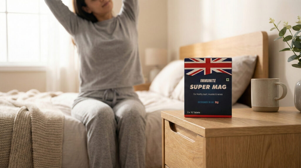 Immunite Super Mag magnesium supplement placed on bedside table with a woman stretching in the morning, representing daily energy and muscle support.