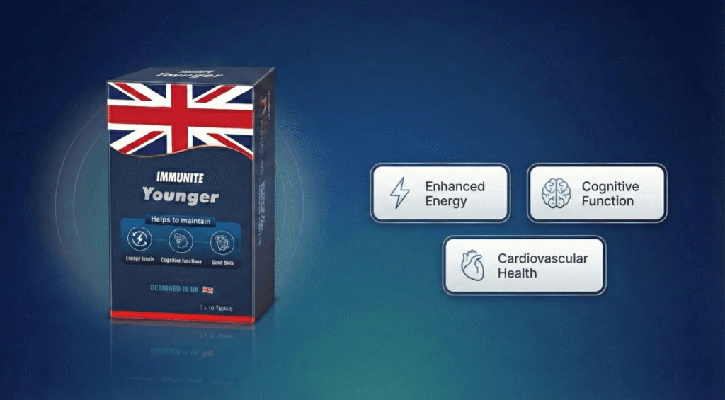 Immunite Younger NMN supplement box with UK flag and highlighted benefits: enhanced energy, cognitive function, and cardiovascular health.