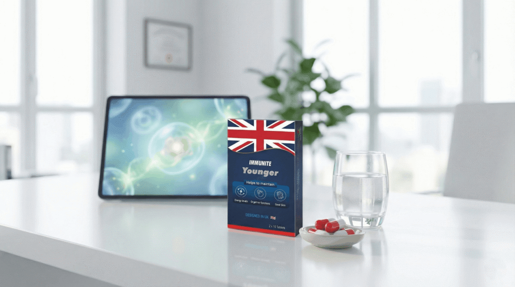 Immunite Younger NMN supplement box with UK flag, glass of water, capsules, and tablet displaying cell graphics.