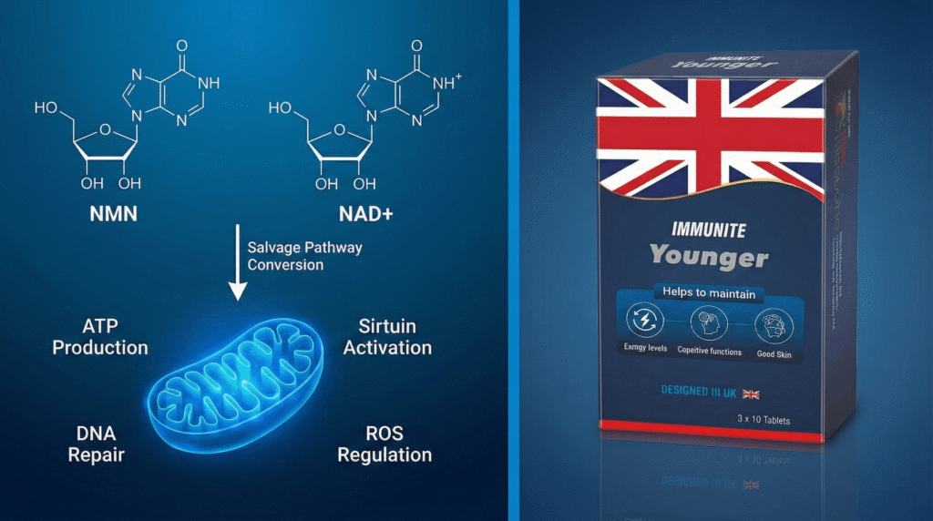 Diagram showing NMN converting to NAD+ to support ATP production, DNA repair, sirtuin activation, and ROS regulation, alongside Immunite Younger supplement box.