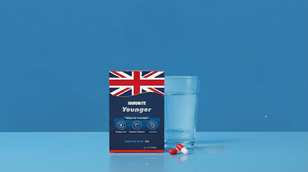 Immunite Younger NMN longevity booster box with glass of water and capsules on blue background.
