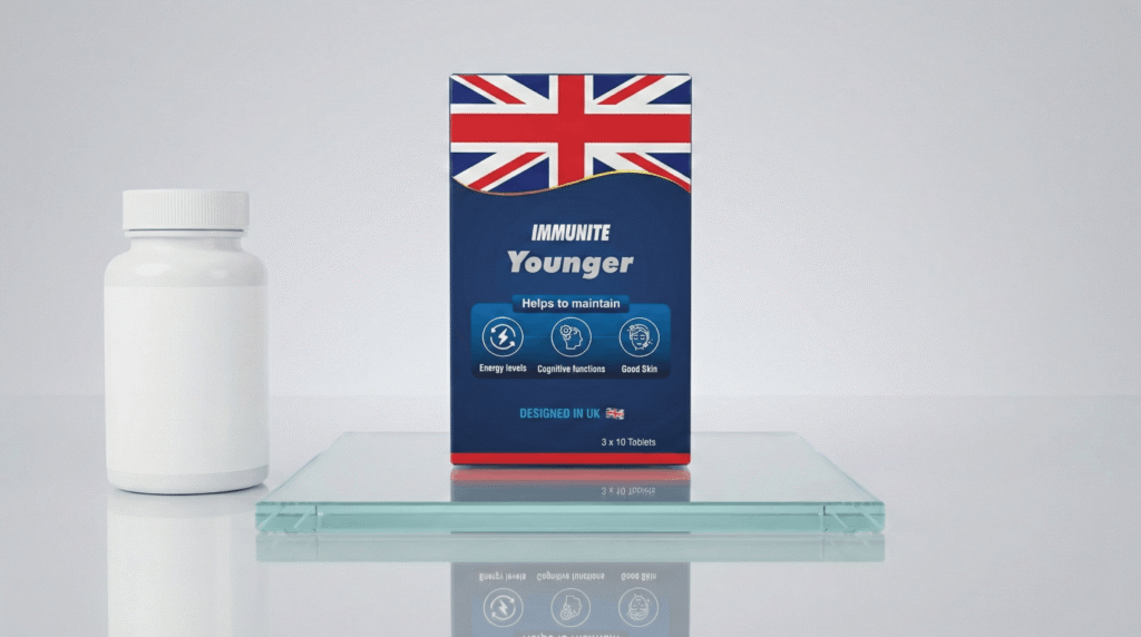 Immunite Younger NMN supplement box displayed on glass platform beside a white supplement bottle against a clean white background.