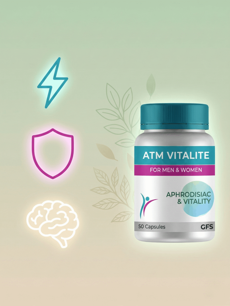 ATM Vitalite vitality capsules showing benefits for energy, immunity, and mental wellness