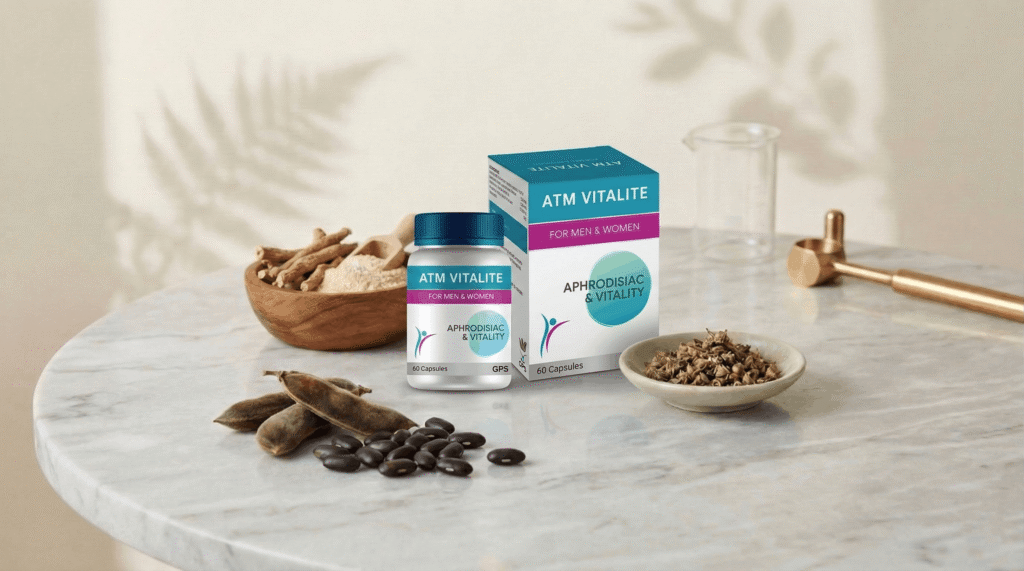 ATM Vitalite aphrodisiac vitality capsules with Ayurvedic herbs and natural ingredients on marble table.