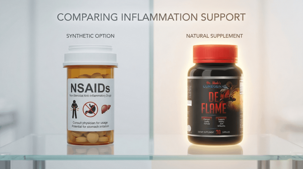 Natural De Flame inflammation supplement compared with NSAID synthetic anti-inflammatory
