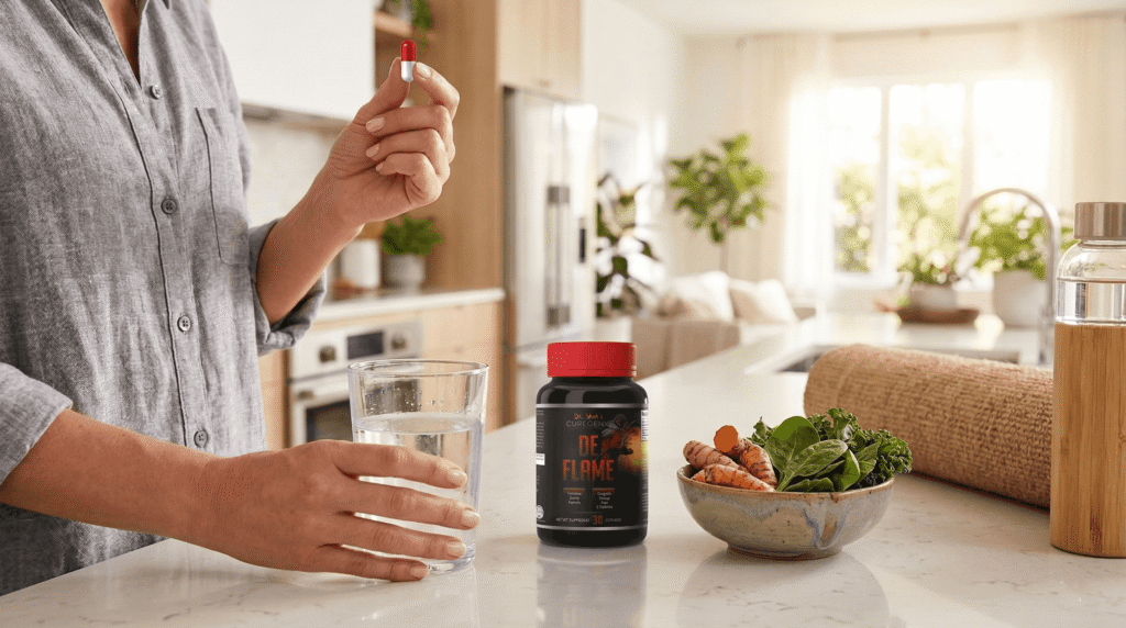 Person taking De Flame supplement capsule with water beside healthy anti-inflammatory foods.