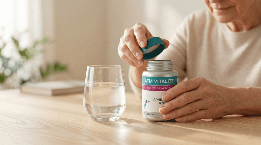 Person opening ATM Vitalite vitality supplement bottle with glass of water for daily use.
