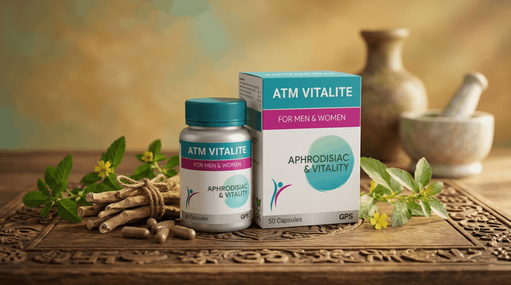 ATM Vitalite aphrodisiac and vitality capsules for men and women with Ayurvedic herbs on wooden table.